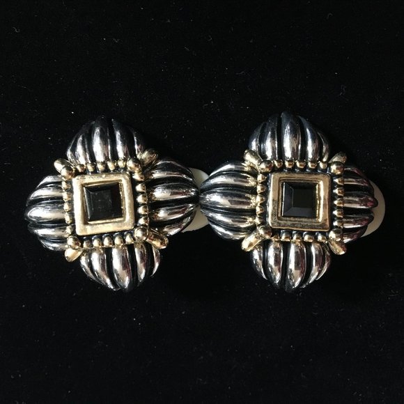 Vintage Retro 80's Designer Clip-On Earrings Silver Gold Gemstone Women's Chunky - Picture 8 of 12